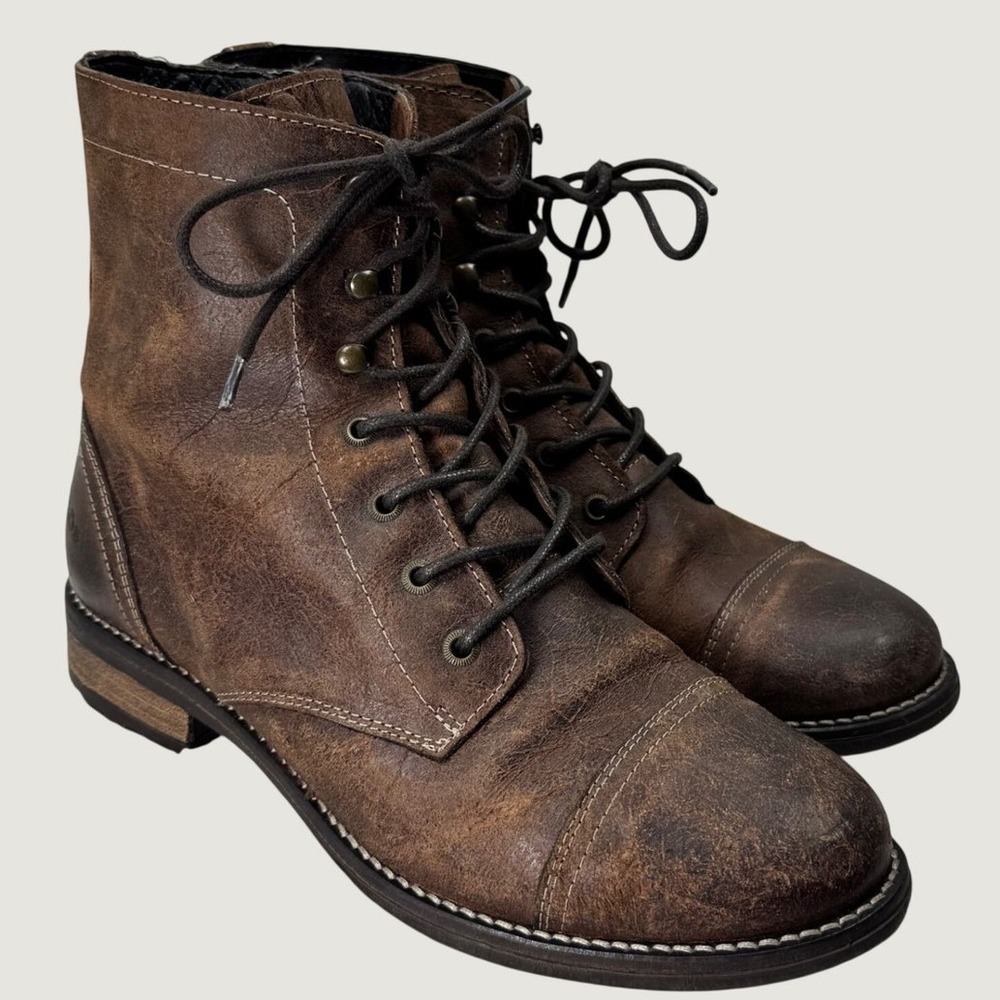 Taos Comrade Combat Boots Womens 8-8.5 Brown Leather Faux Fur Lined Lace Up Zip